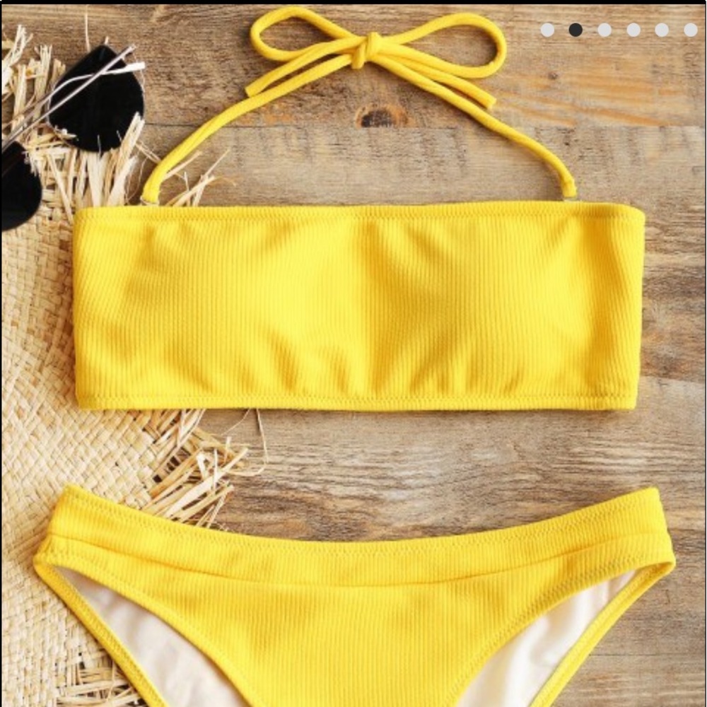 ZAFUL yellow halter ribbed texture bikini - small